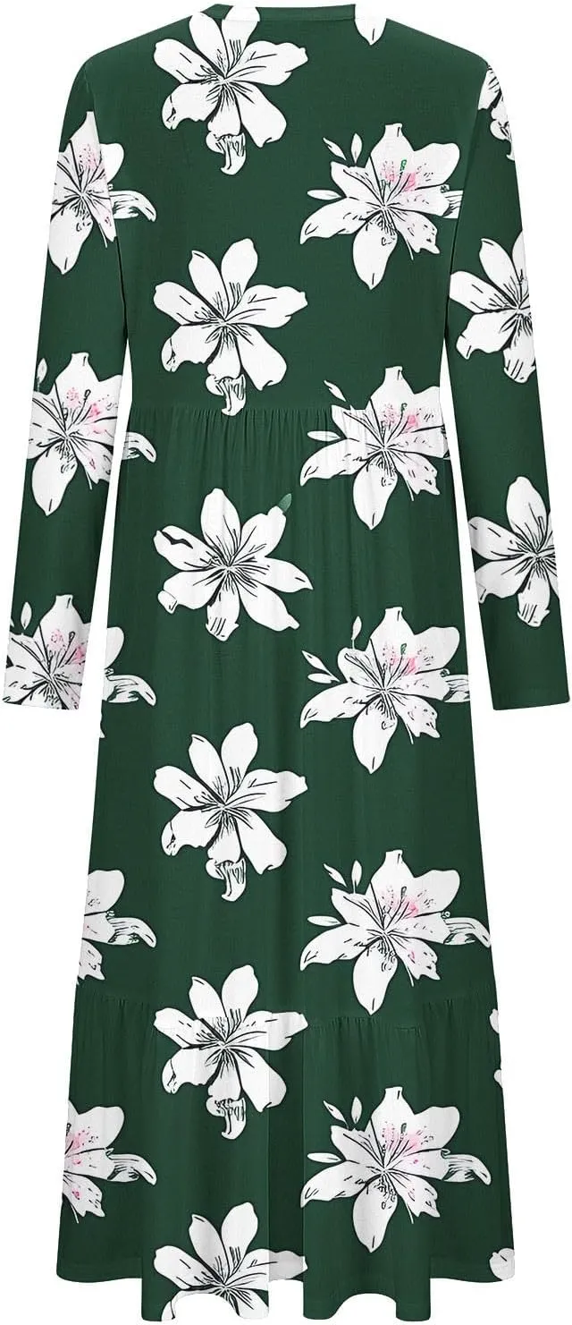 2024 Long Sleeve Casual Dress Tunics for Women Crew Neck Pullover Patchwork Plus Size Maxi Dresses with Pockets
