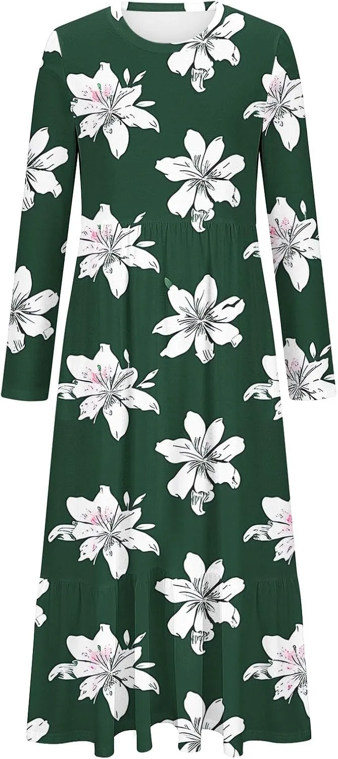 2024 Long Sleeve Casual Dress Tunics for Women Crew Neck Pullover Patchwork Plus Size Maxi Dresses with Pockets