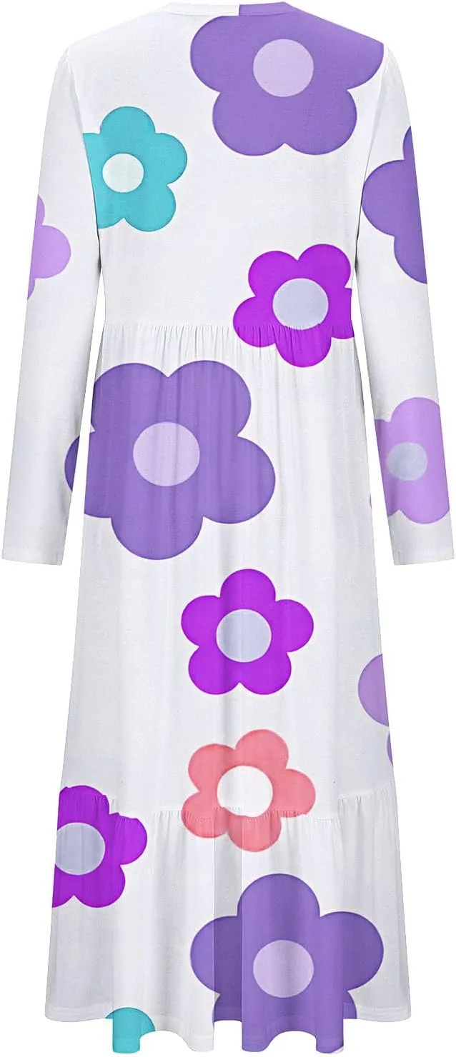 2024 Long Sleeve Casual Dress Tunics for Women Crew Neck Pullover Patchwork Plus Size Maxi Dresses with Pockets