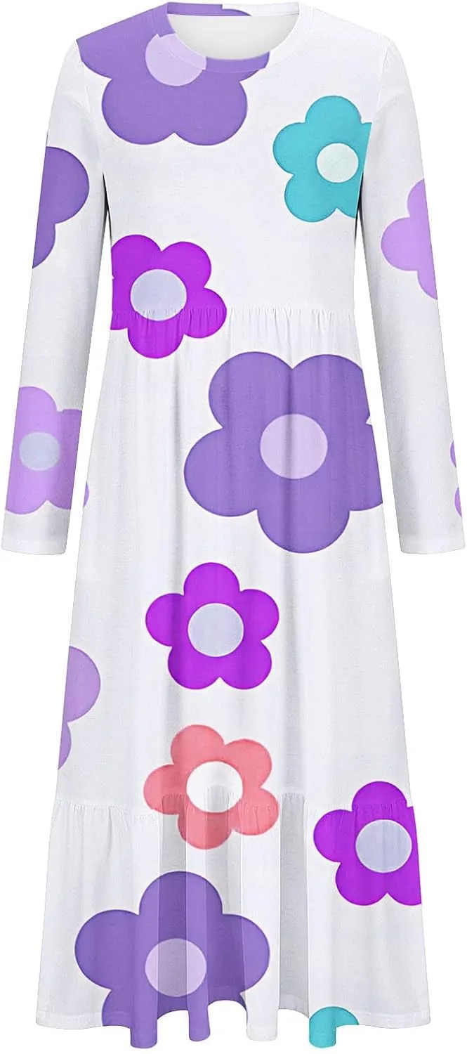 2024 Long Sleeve Casual Dress Tunics for Women Crew Neck Pullover Patchwork Plus Size Maxi Dresses with Pockets