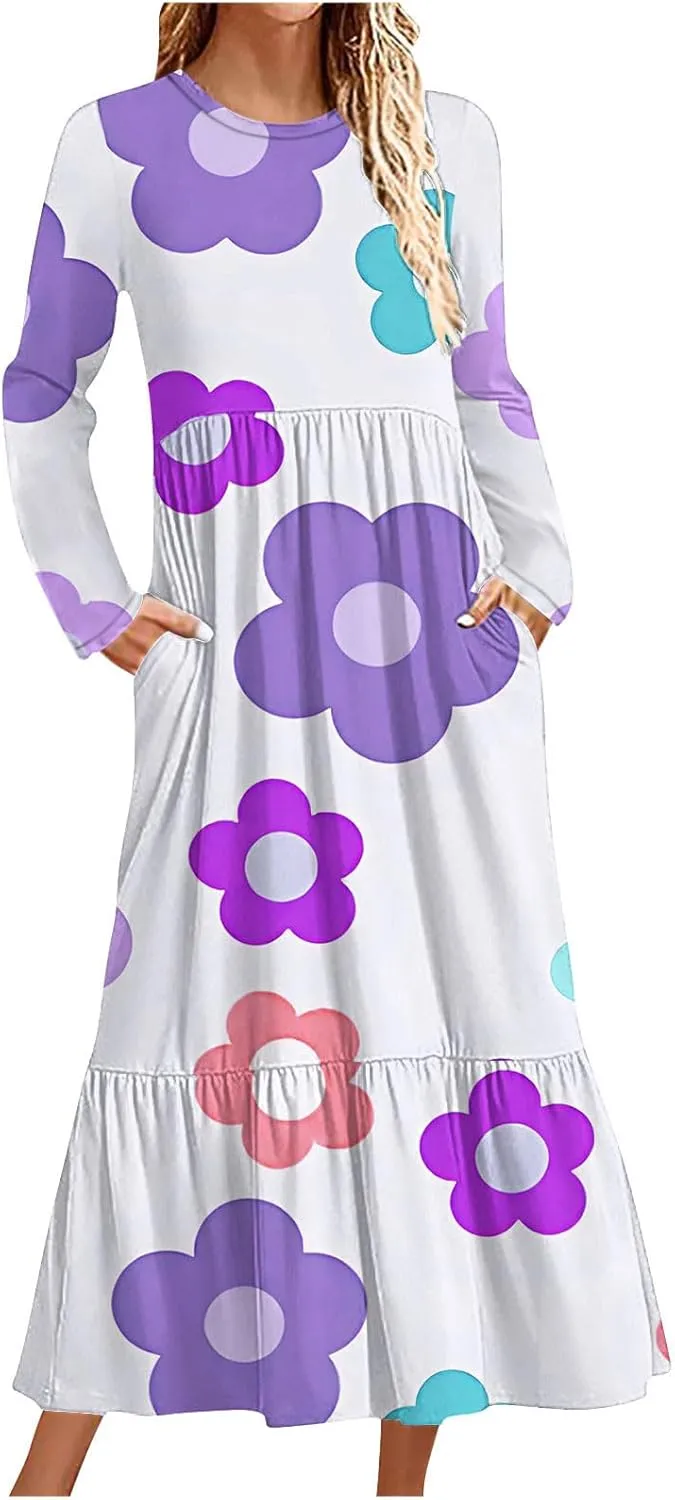 2024 Long Sleeve Casual Dress Tunics for Women Crew Neck Pullover Patchwork Plus Size Maxi Dresses with Pockets