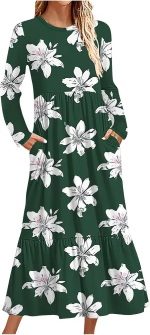2024 Long Sleeve Casual Dress Tunics for Women Crew Neck Pullover Patchwork Plus Size Maxi Dresses with Pockets