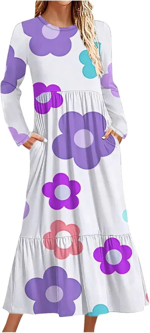 2024 Long Sleeve Casual Dress Tunics for Women Crew Neck Pullover Patchwork Plus Size Maxi Dresses with Pockets