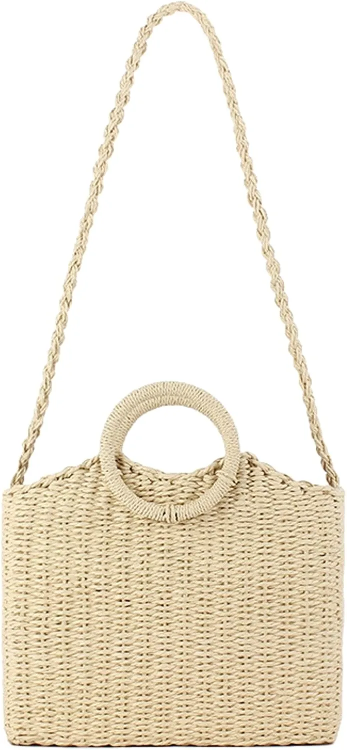 2025 Summer Straw Tote Shoulder Crossbody Bag Round Ring Paper Rope Top Handle Woven Stylish Solid Square Bag