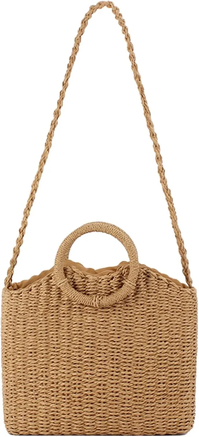 2025 Summer Straw Tote Shoulder Crossbody Bag Round Ring Paper Rope Top Handle Woven Stylish Solid Square Bag