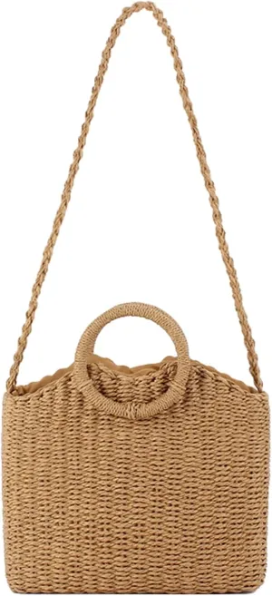 2025 Summer Straw Tote Shoulder Crossbody Bag Round Ring Paper Rope Top Handle Woven Stylish Solid Square Bag