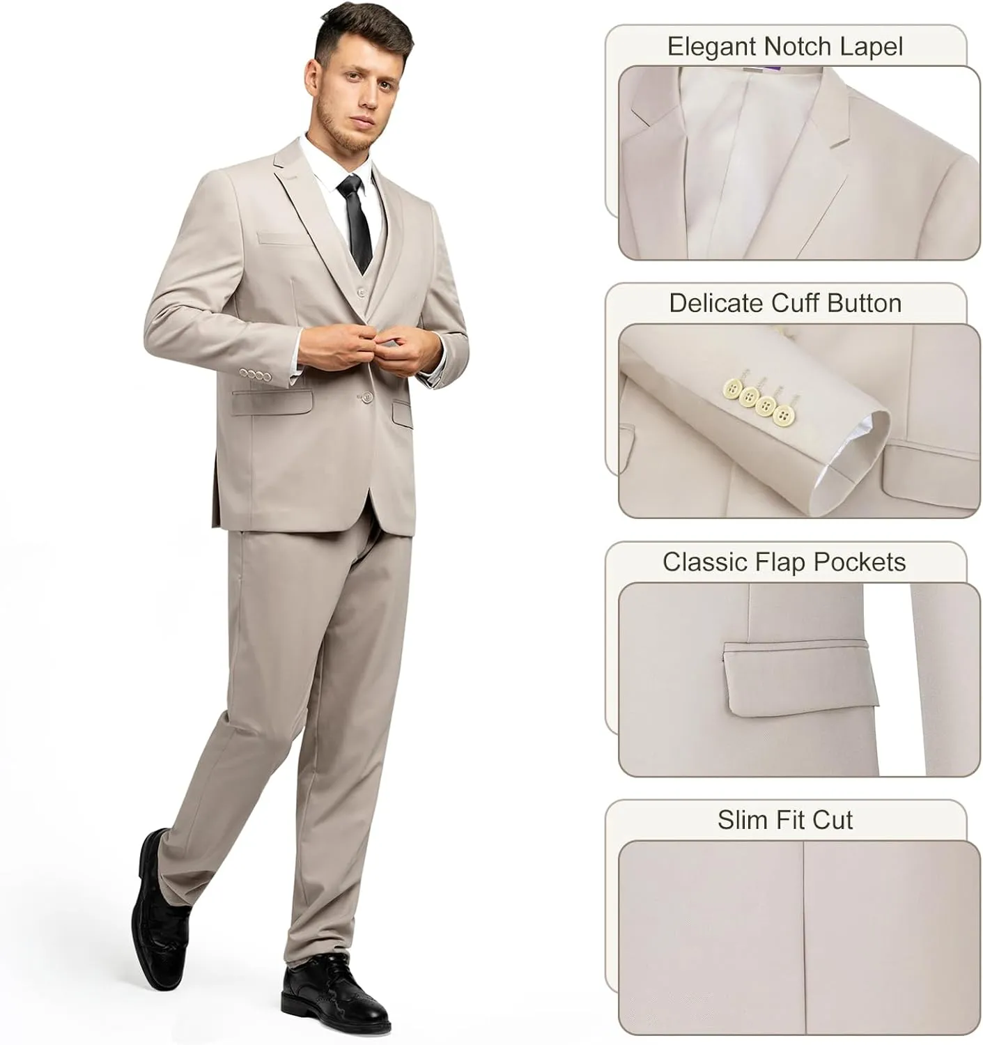 3 Pieces Mens Suit Slim Fit Suits, Two Button Notch Lapel Jacket Vest Pants with Tie for Party/Business