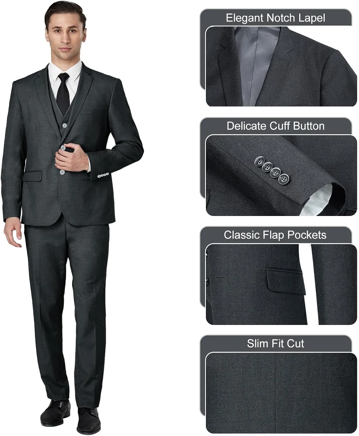 3 Pieces Mens Suit Slim Fit Suits, Two Button Notch Lapel Jacket Vest Pants with Tie for Party/Business