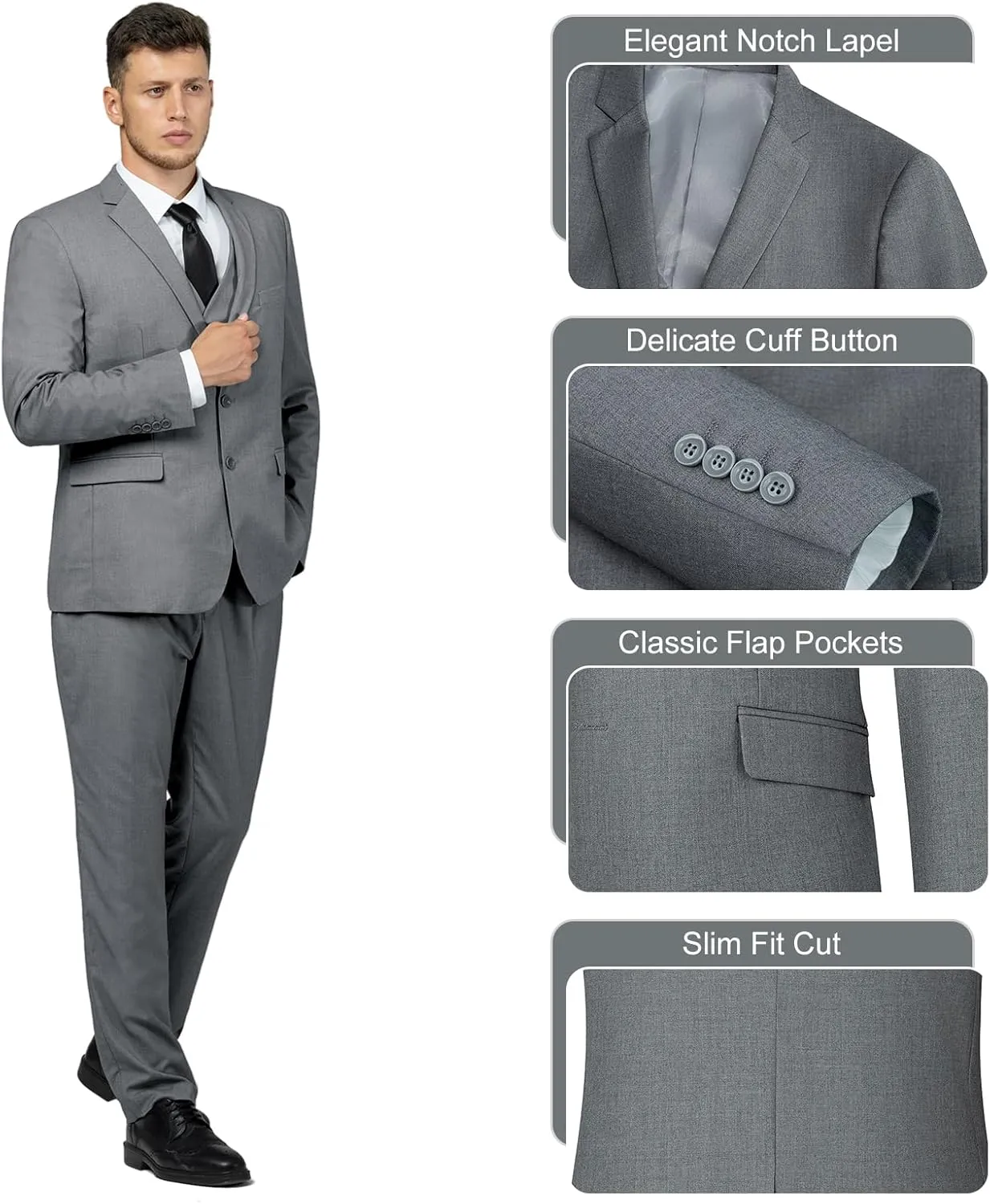 3 Pieces Mens Suit Slim Fit Suits, Two Button Notch Lapel Jacket Vest Pants with Tie for Party/Business