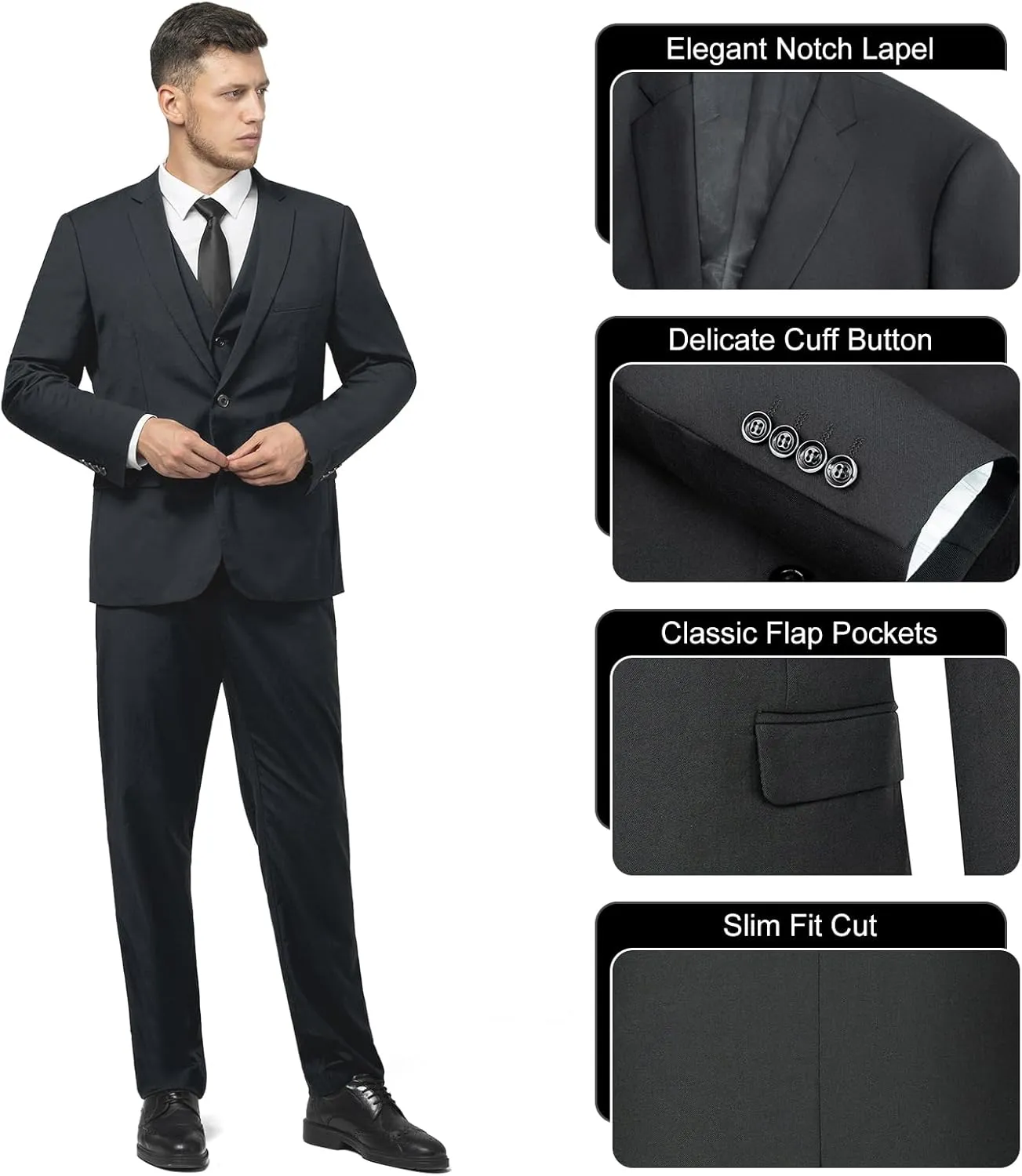 3 Pieces Mens Suit Slim Fit Suits, Two Button Notch Lapel Jacket Vest Pants with Tie for Party/Business