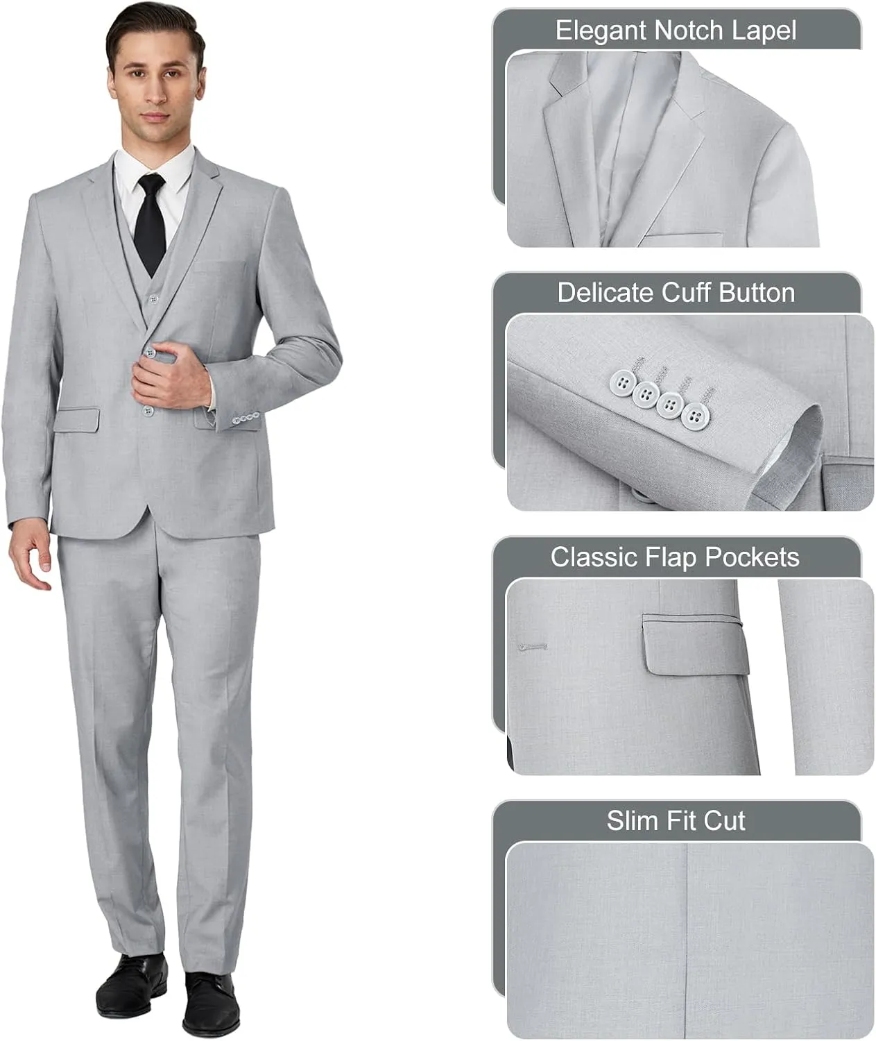 3 Pieces Mens Suit Slim Fit Suits, Two Button Notch Lapel Jacket Vest Pants with Tie for Party/Business