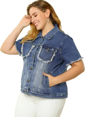 Agnes Orinda Plus Size Women's Denim Jackets Button Washed Frayed Jean Short Denim Jacket 2024 Summer