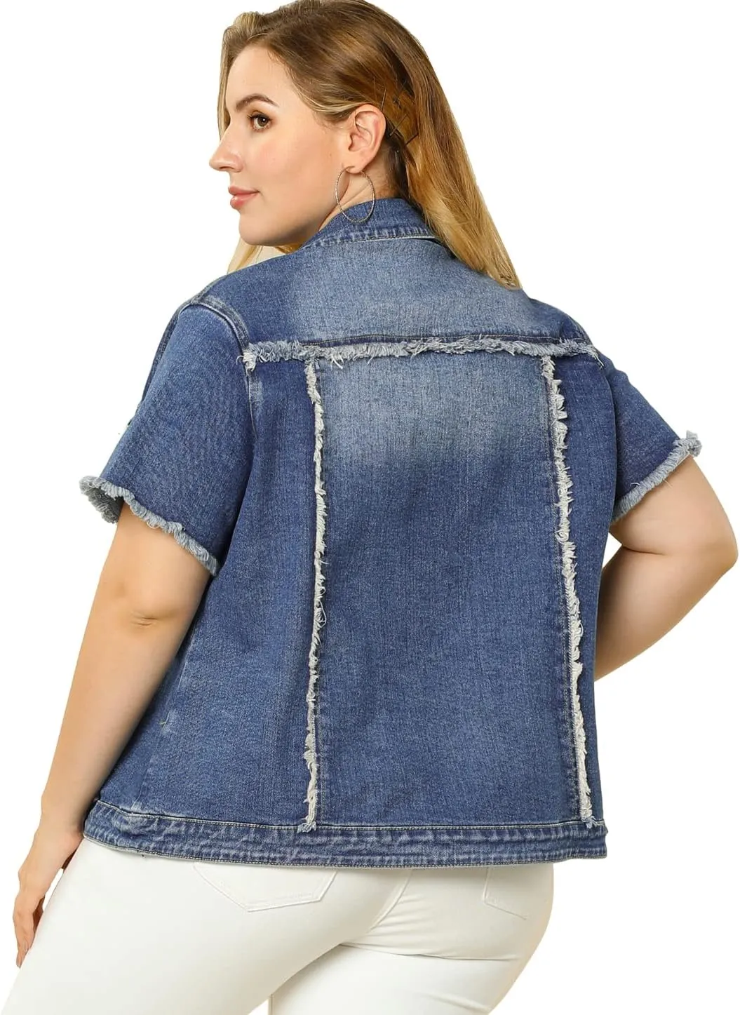Agnes Orinda Plus Size Women's Denim Jackets Button Washed Frayed Jean Short Denim Jacket 2024 Summer