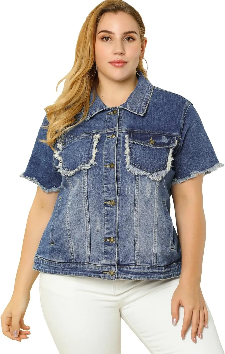 Agnes Orinda Plus Size Women's Denim Jackets Button Washed Frayed Jean Short Denim Jacket 2024 Summer