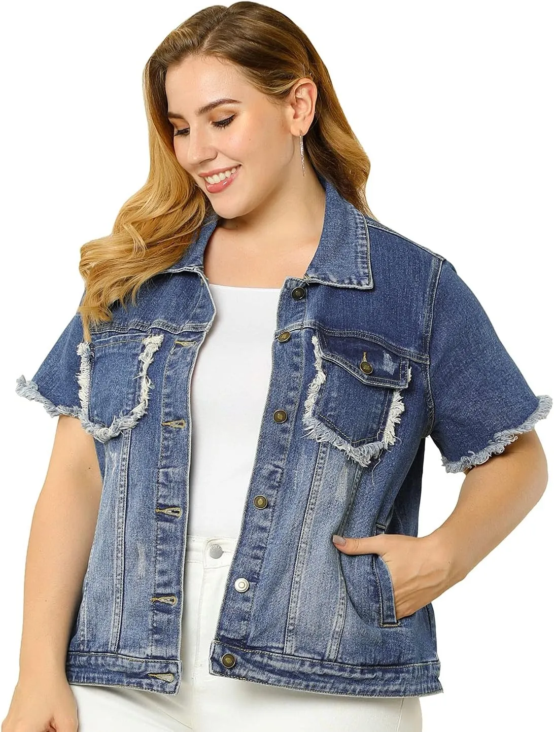 Agnes Orinda Plus Size Women's Denim Jackets Button Washed Frayed Jean Short Denim Jacket 2024 Summer
