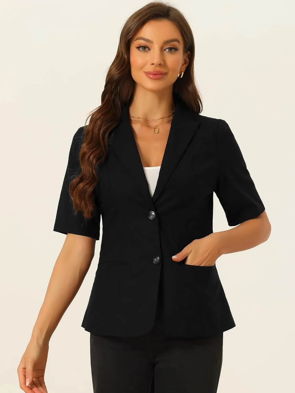 Allegra K Blazer for Women's Short Sleeve Button Front Cotton Linen Lapel Collar Work Office Casual Blazer Coat