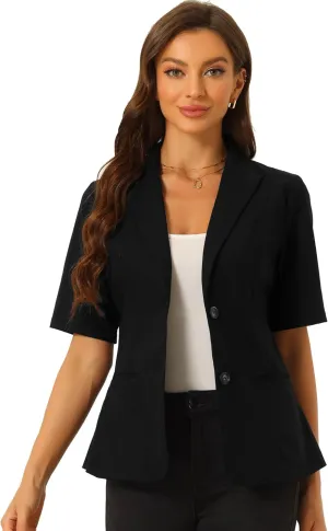 Allegra K Blazer for Women's Short Sleeve Button Front Cotton Linen Lapel Collar Work Office Casual Blazer Coat