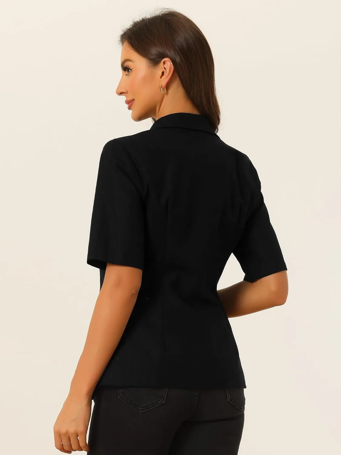 Allegra K Blazer for Women's Short Sleeve Button Front Cotton Linen Lapel Collar Work Office Casual Blazer Coat