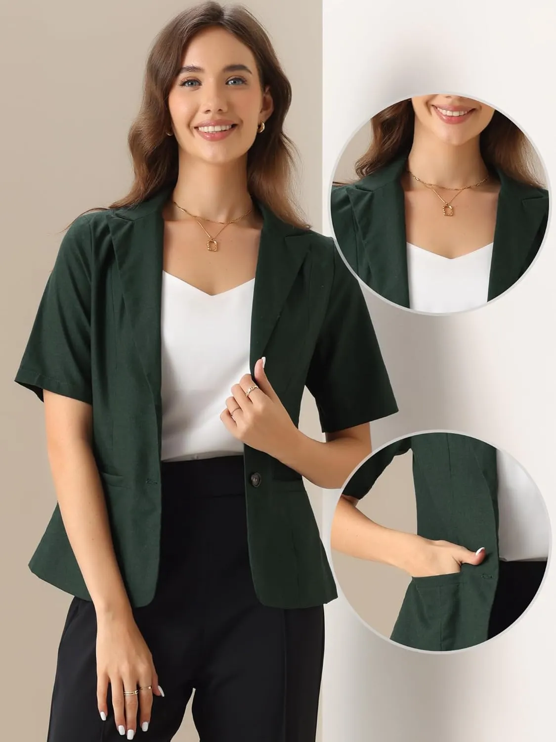 Allegra K Blazer for Women's Short Sleeve Button Front Cotton Linen Lapel Collar Work Office Casual Blazer Coat