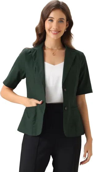 Allegra K Blazer for Women's Short Sleeve Button Front Cotton Linen Lapel Collar Work Office Casual Blazer Coat