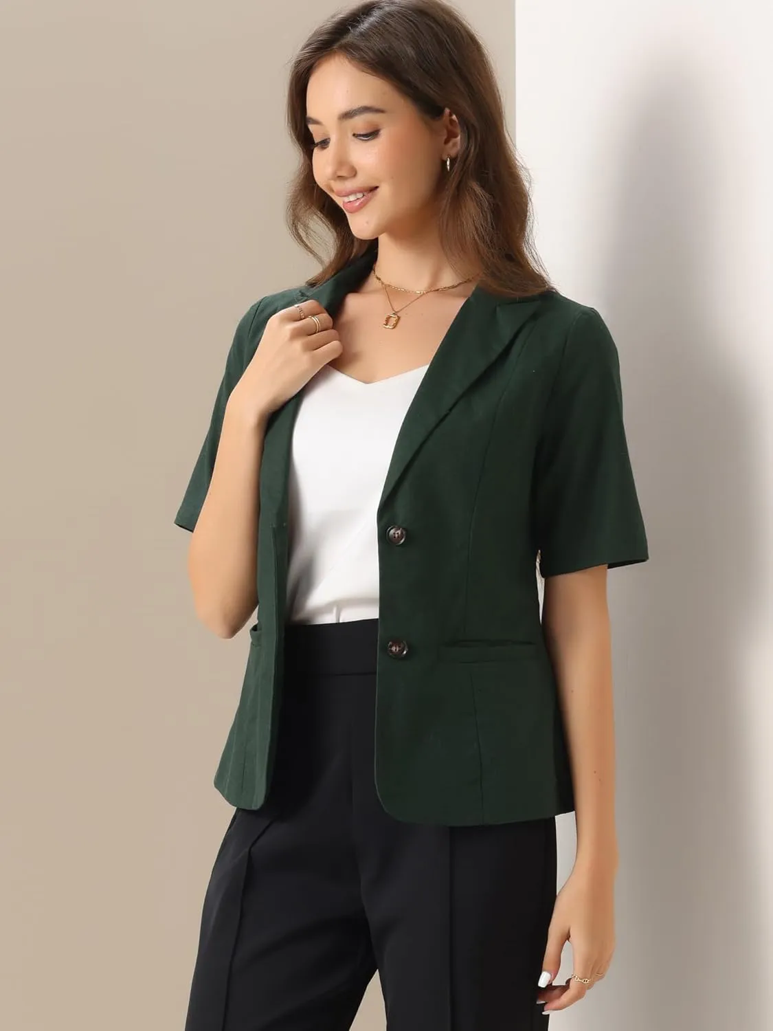 Allegra K Blazer for Women's Short Sleeve Button Front Cotton Linen Lapel Collar Work Office Casual Blazer Coat