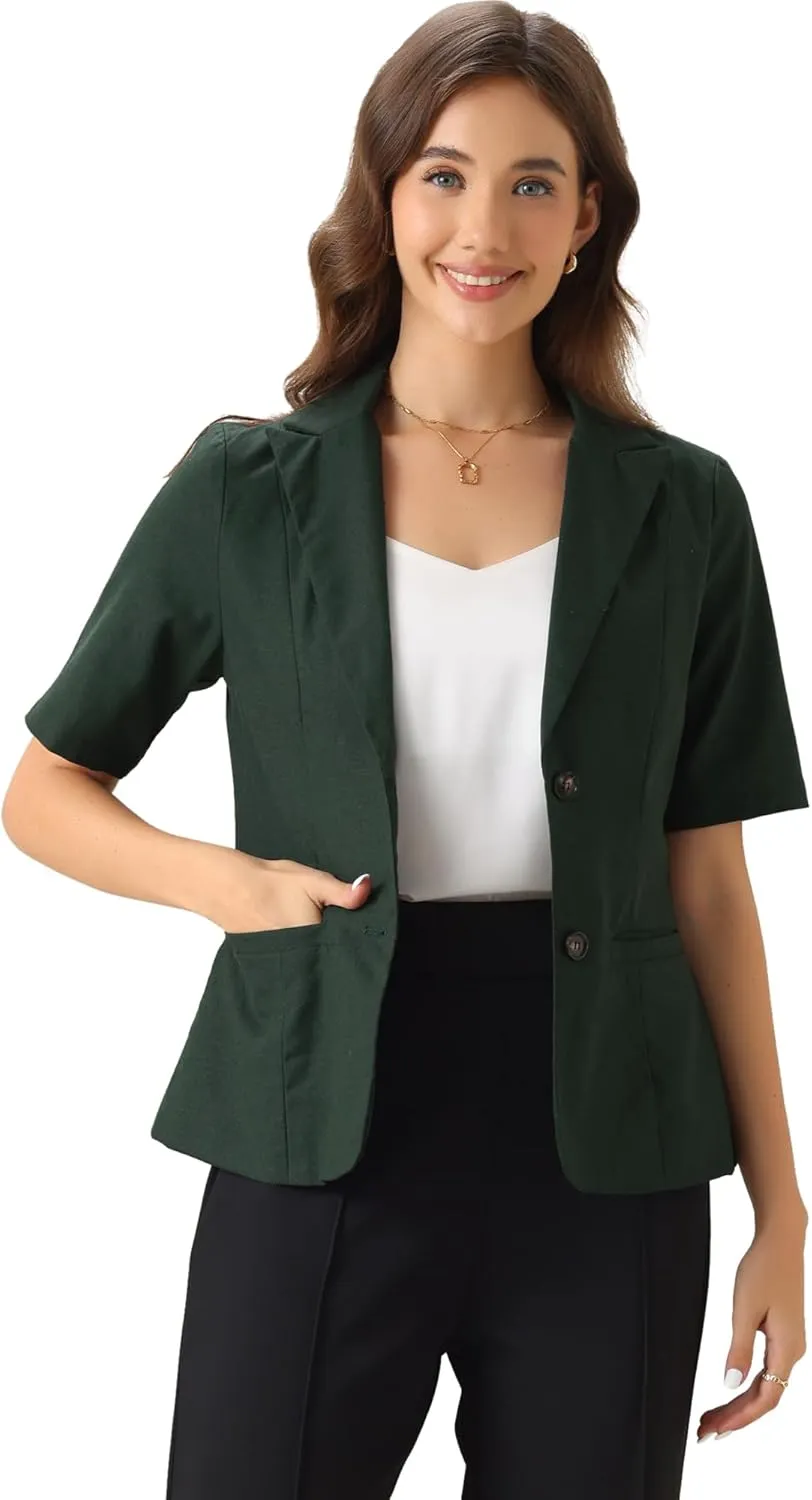 Allegra K Blazer for Women's Short Sleeve Button Front Cotton Linen Lapel Collar Work Office Casual Blazer Coat