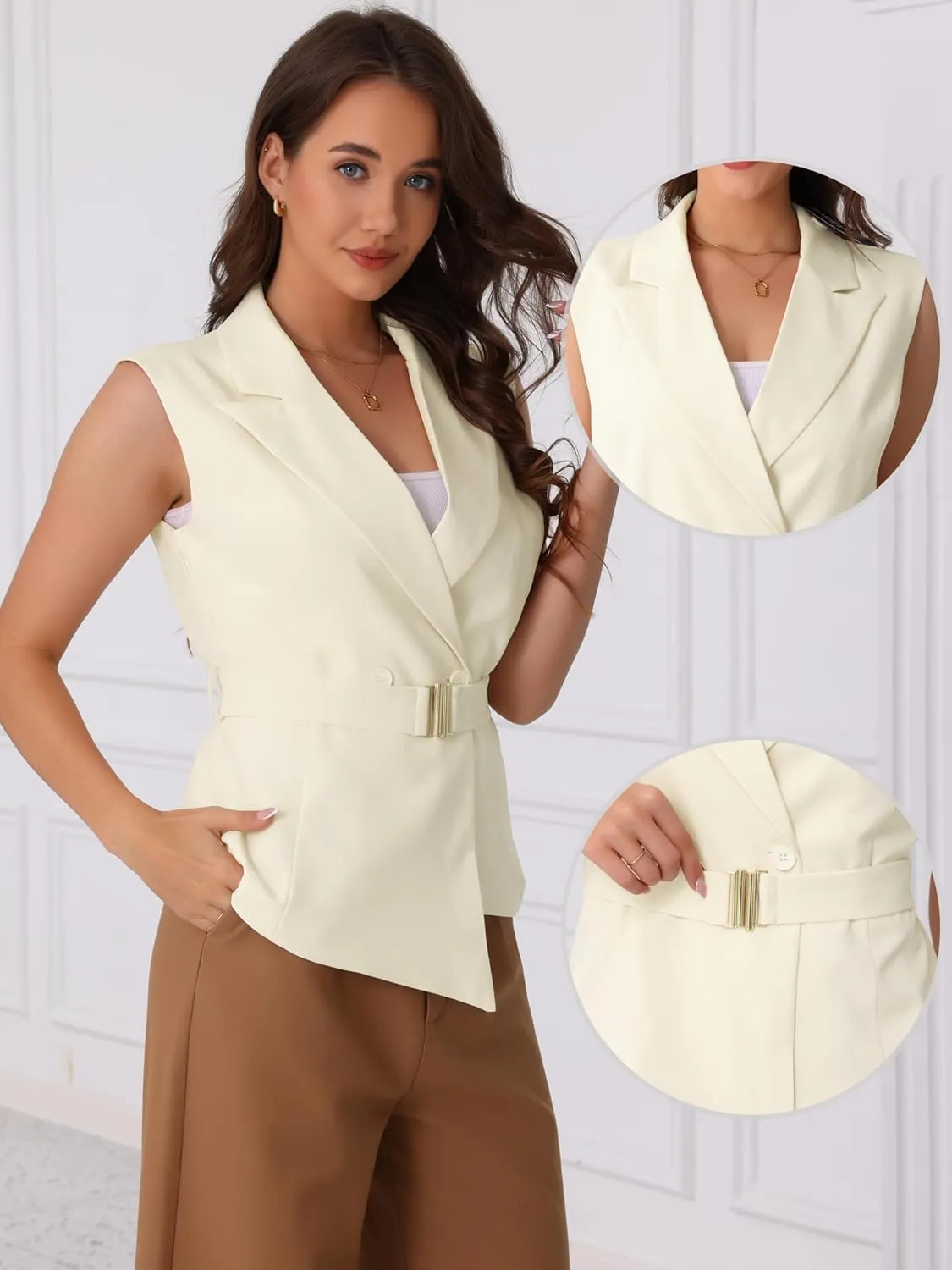 Allegra K Business Casual Blazer Vest for Women's Belted Dressy Sleeveless Blazer