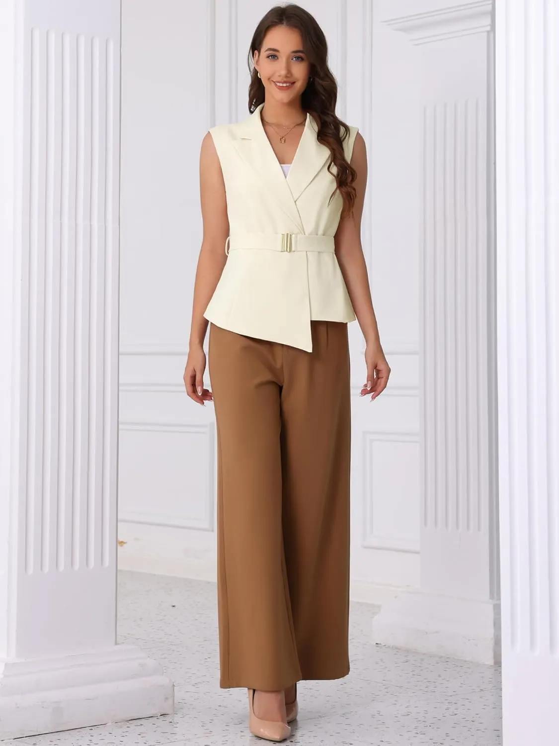 Allegra K Business Casual Blazer Vest for Women's Belted Dressy Sleeveless Blazer