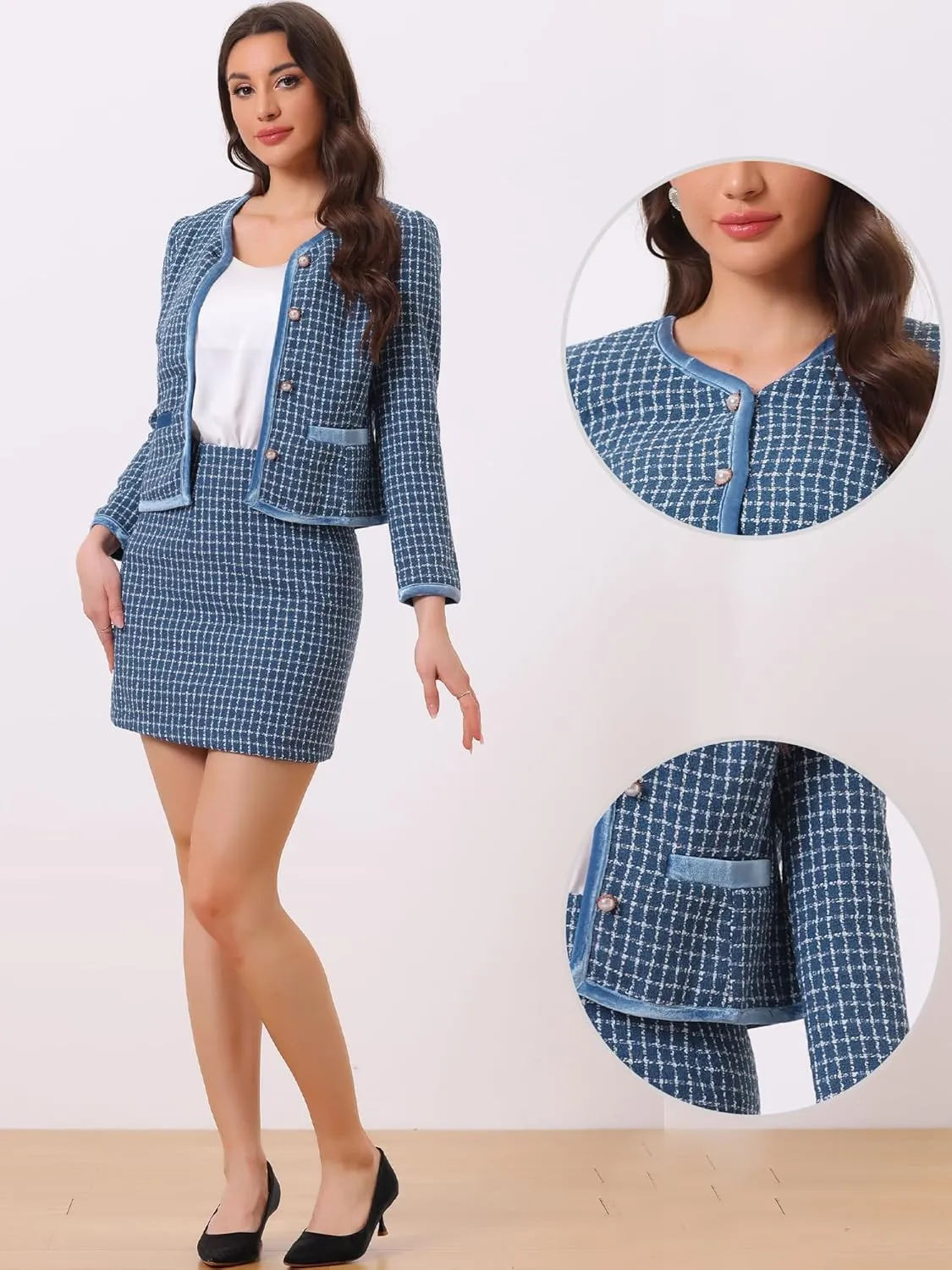 Allegra K Business Suit Set for Women's 2 Piece Outfits Plaid Tweed Easter Short Blazer Jacket and Skirt Sets