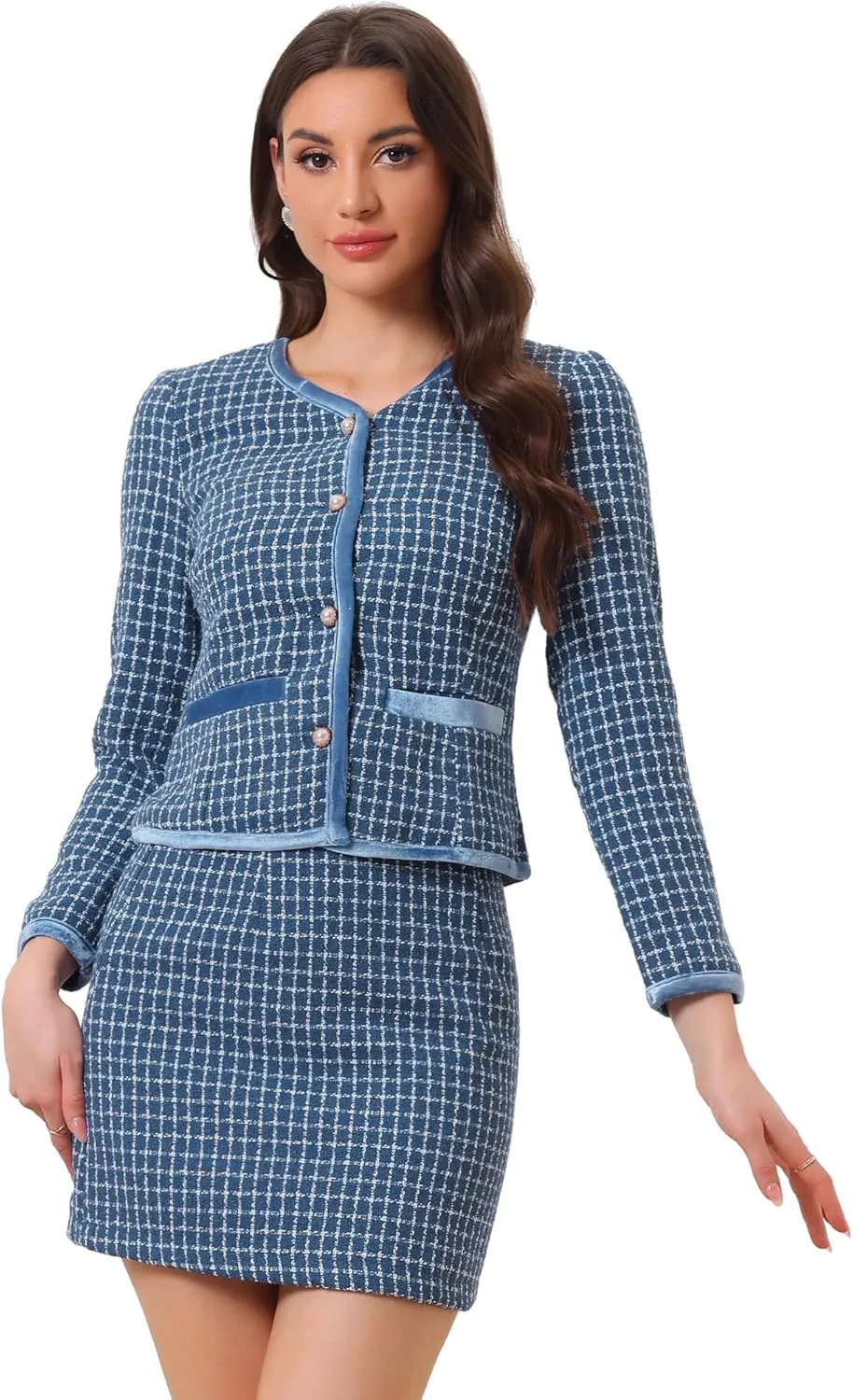 Allegra K Business Suit Set for Women's 2 Piece Outfits Plaid Tweed Easter Short Blazer Jacket and Skirt Sets