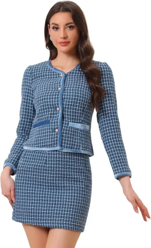Allegra K Business Suit Set for Women's 2 Piece Outfits Plaid Tweed Easter Short Blazer Jacket and Skirt Sets