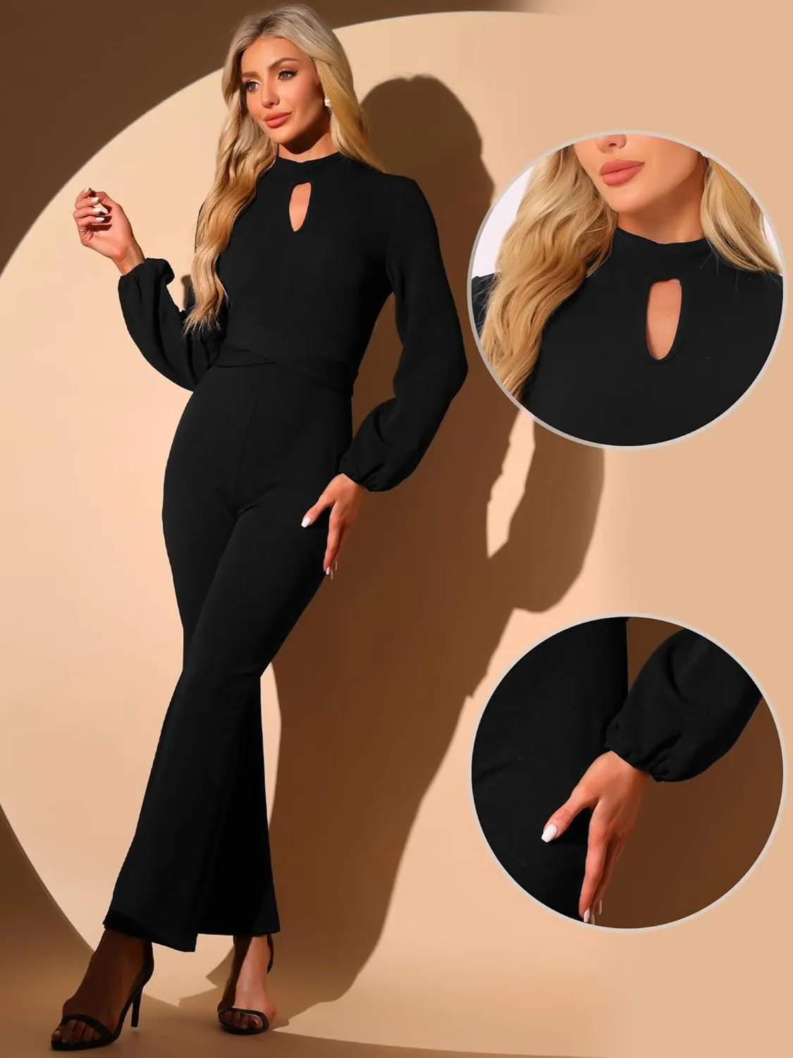 Allegra K Dressy Jumpsuits for Women's Long Sleeve High Waist Elegant Party Bell Bottom Pants Jumpsuit