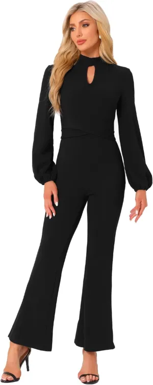 Allegra K Dressy Jumpsuits for Women's Long Sleeve High Waist Elegant Party Bell Bottom Pants Jumpsuit