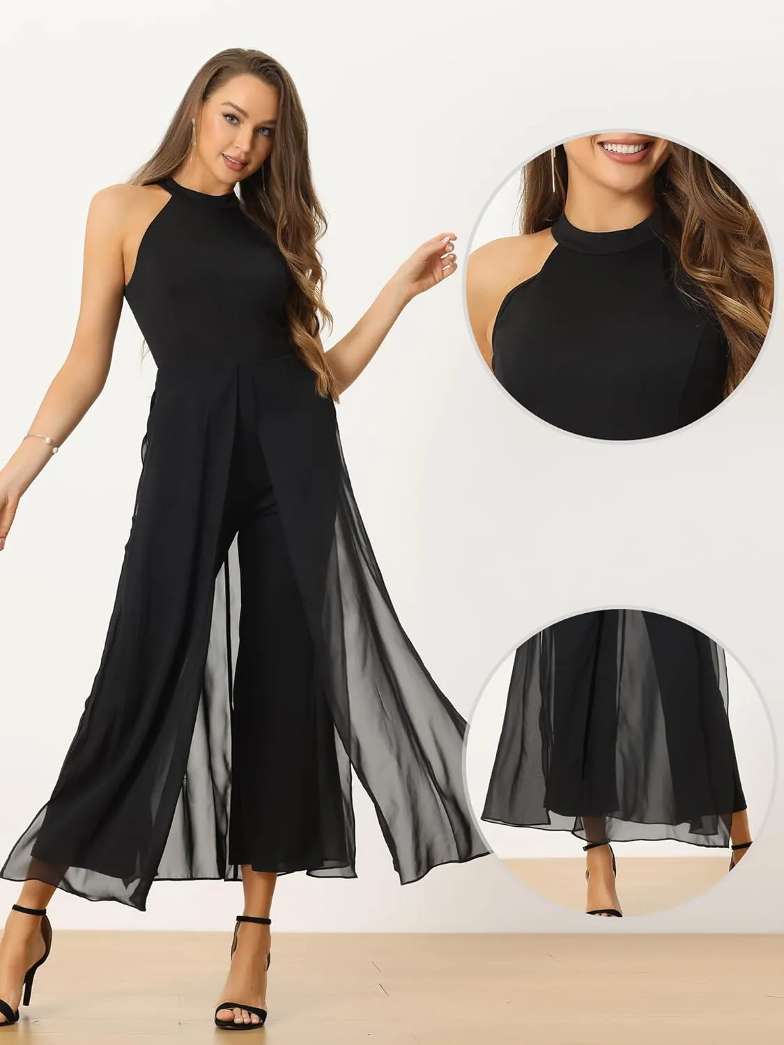 Allegra K Elegant Jumpsuit for Women's Summer Sleeveless Halter Neck Belted Wedding Chiffon Wide Leg Dressy Jumpsuits