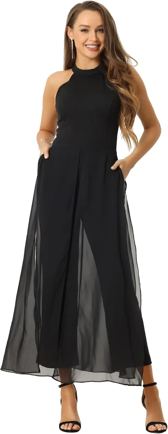 Allegra K Elegant Jumpsuit for Women's Summer Sleeveless Halter Neck Belted Wedding Chiffon Wide Leg Dressy Jumpsuits