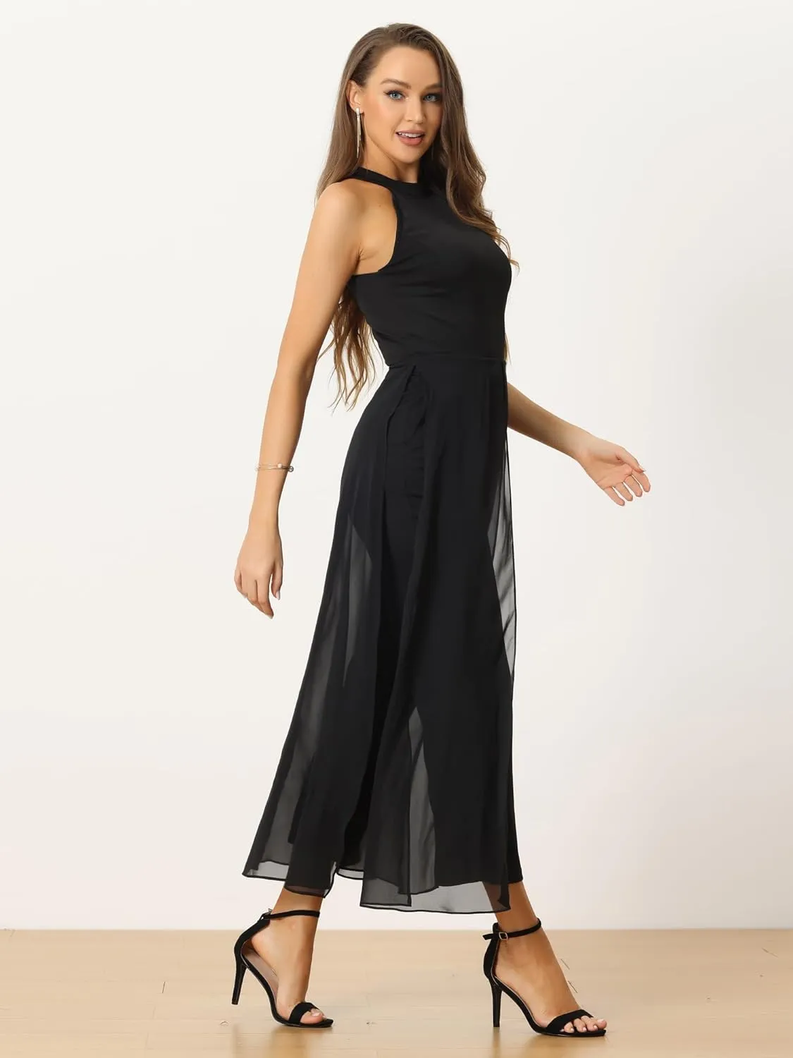 Allegra K Elegant Jumpsuit for Women's Summer Sleeveless Halter Neck Belted Wedding Chiffon Wide Leg Dressy Jumpsuits