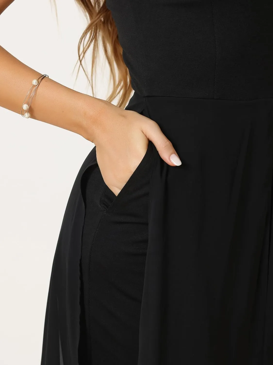 Allegra K Elegant Jumpsuit for Women's Summer Sleeveless Halter Neck Belted Wedding Chiffon Wide Leg Dressy Jumpsuits