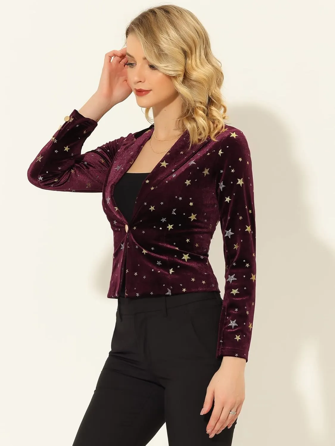 Allegra K Printed Velvet Blazer for Women's 1 Button Business Office Crop Halloween Metallic Stars Jacket Suits