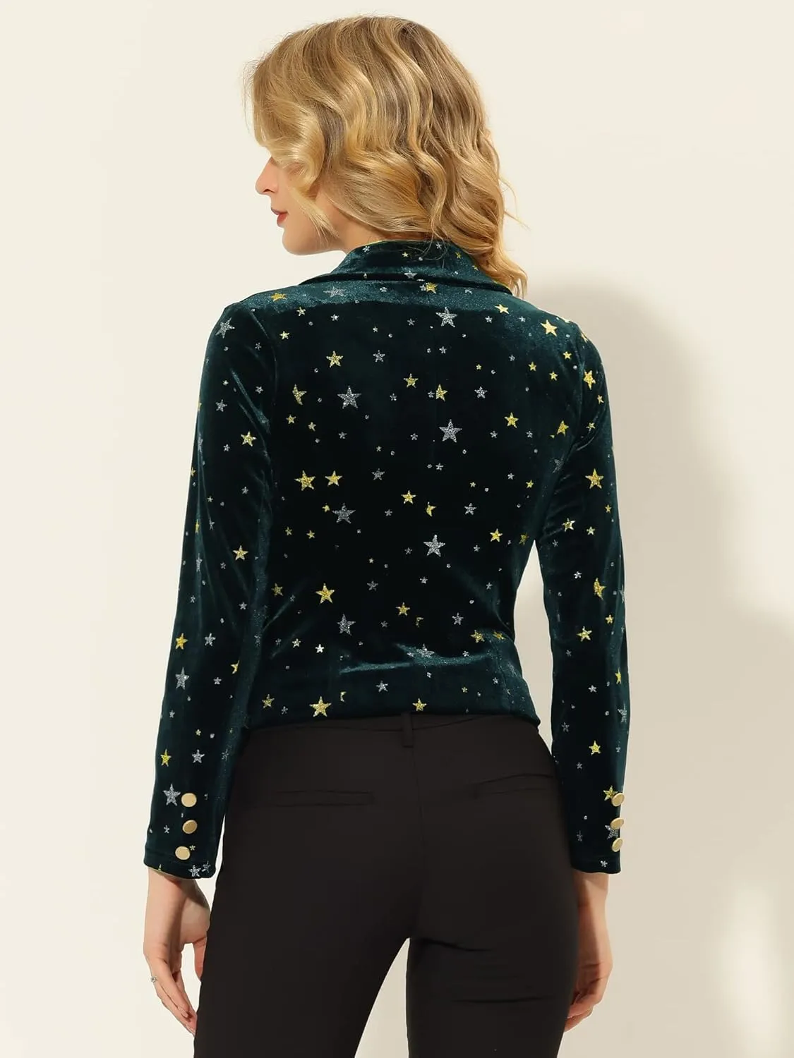 Allegra K Printed Velvet Blazer for Women's 1 Button Business Office Crop Halloween Metallic Stars Jacket Suits