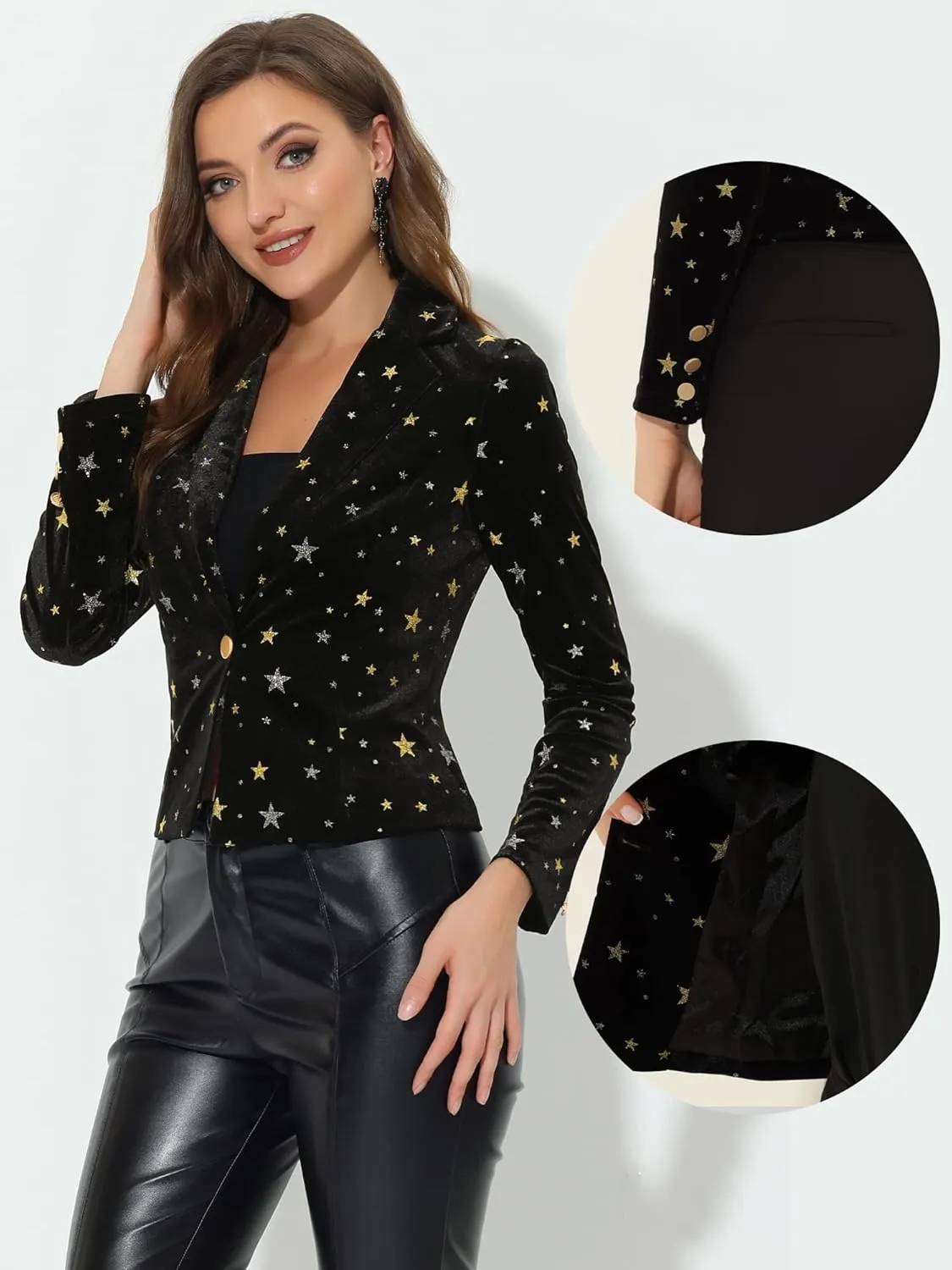 Allegra K Printed Velvet Blazer for Women's 1 Button Business Office Crop Halloween Metallic Stars Jacket Suits