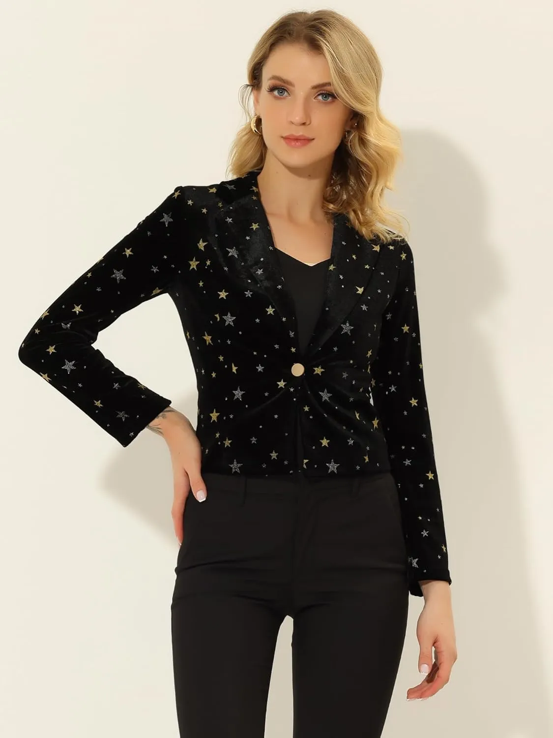Allegra K Printed Velvet Blazer for Women's 1 Button Business Office Crop Halloween Metallic Stars Jacket Suits