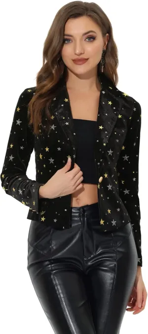 Allegra K Printed Velvet Blazer for Women's 1 Button Business Office Crop Halloween Metallic Stars Jacket Suits