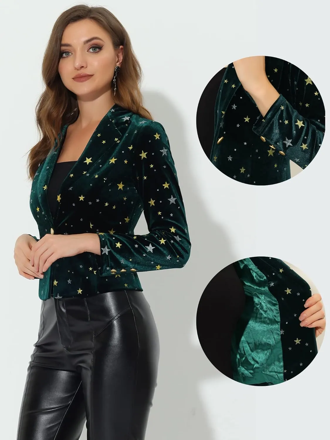 Allegra K Printed Velvet Blazer for Women's 1 Button Business Office Crop Halloween Metallic Stars Jacket Suits