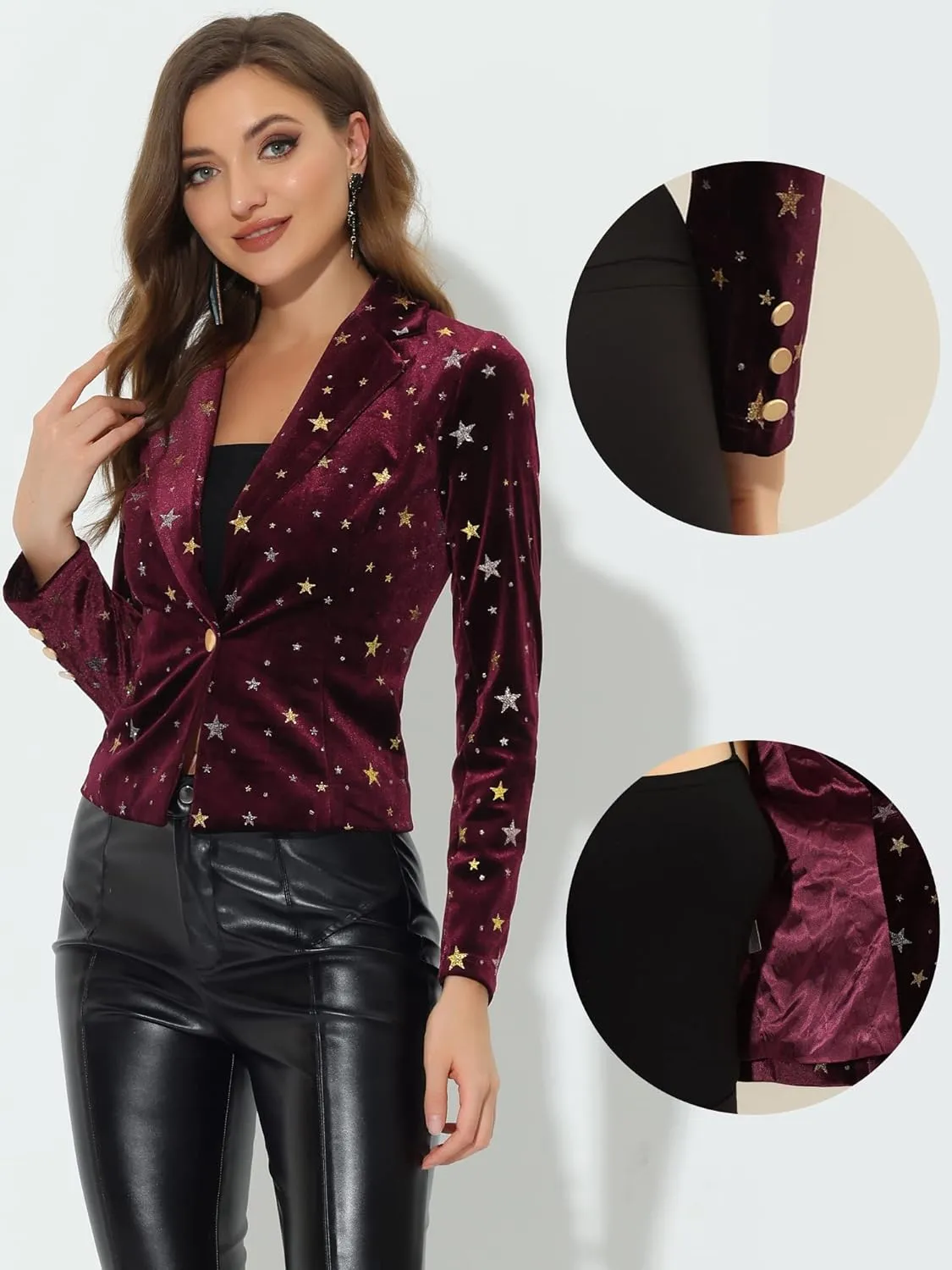 Allegra K Printed Velvet Blazer for Women's 1 Button Business Office Crop Halloween Metallic Stars Jacket Suits
