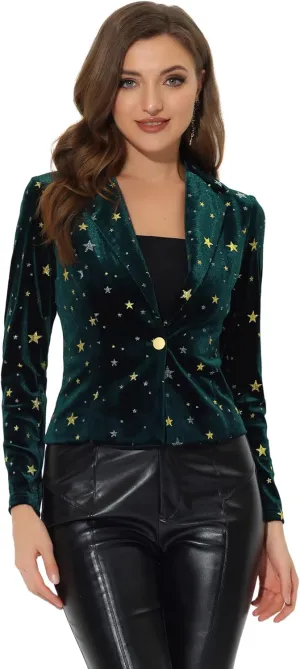 Allegra K Printed Velvet Blazer for Women's 1 Button Business Office Crop Halloween Metallic Stars Jacket Suits