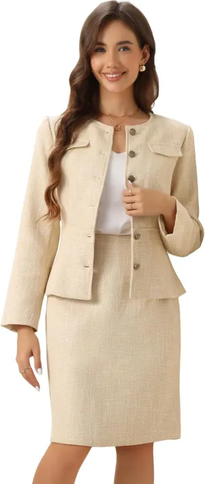 Allegra K Suit Set for Women's 2 Piece Outfits Tweed Peplum Collarless Blazer Jacket and Skirt Sets