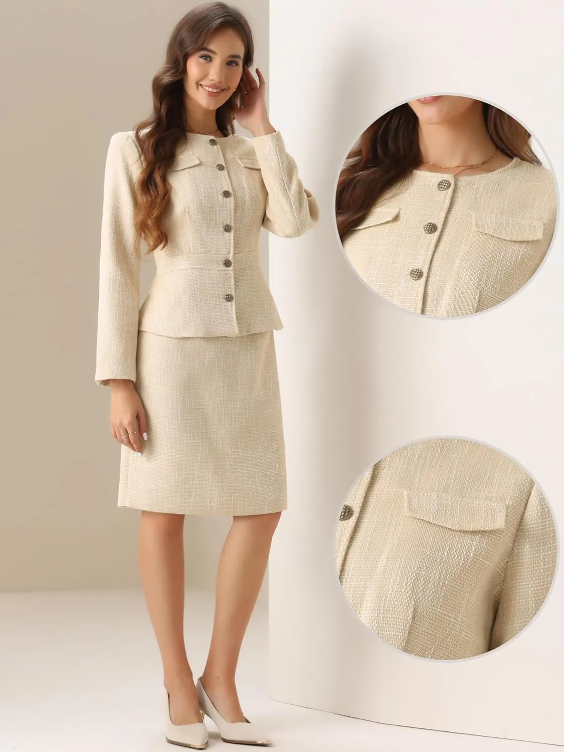 Allegra K Suit Set for Women's 2 Piece Outfits Tweed Peplum Collarless Blazer Jacket and Skirt Sets