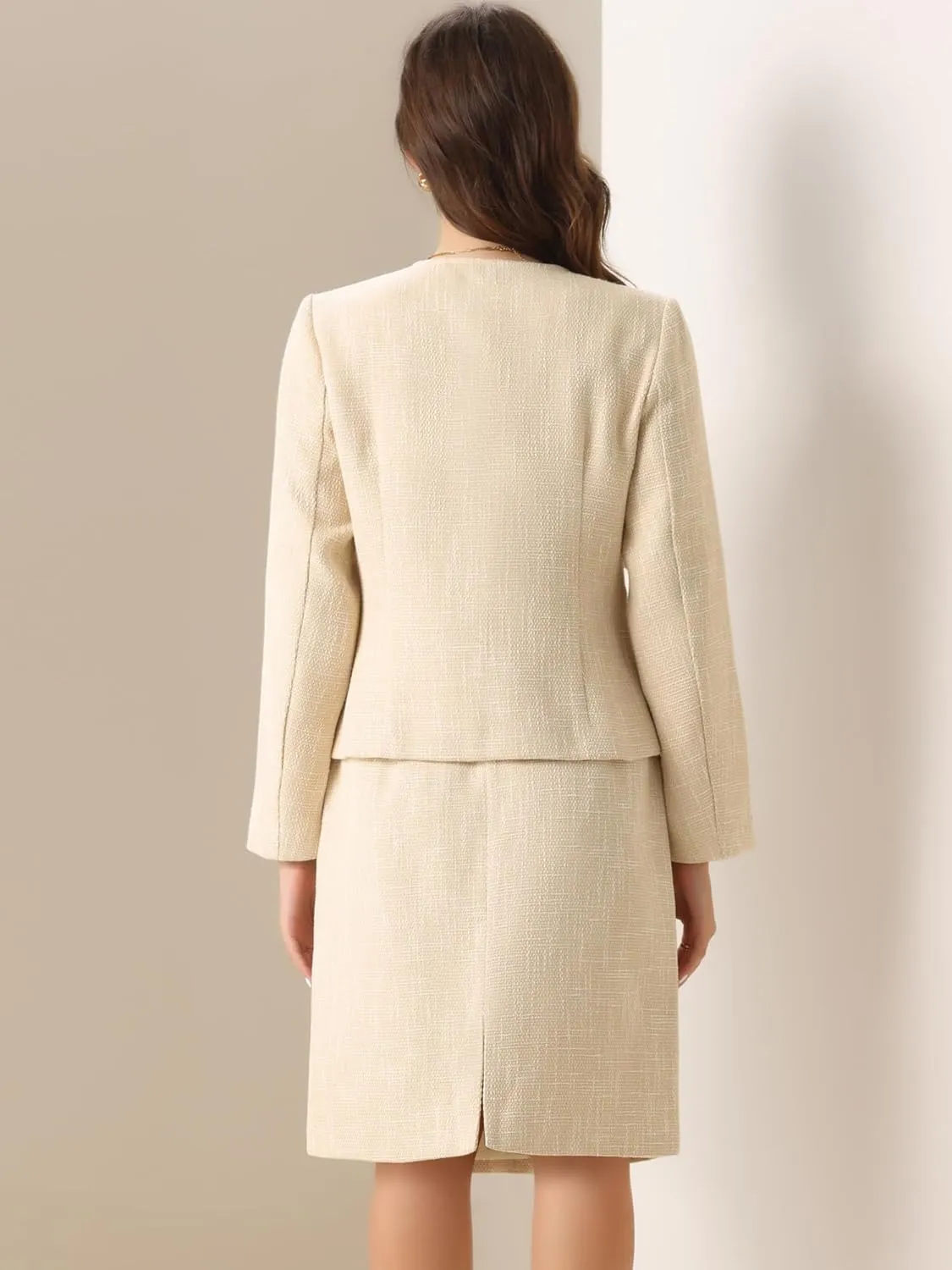 Allegra K Suit Set for Women's 2 Piece Outfits Tweed Peplum Collarless Blazer Jacket and Skirt Sets