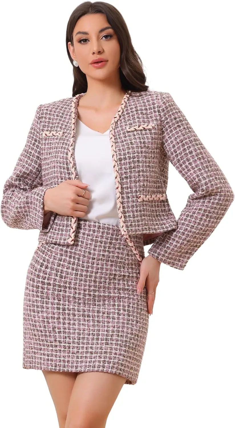 Allegra K Two Piece Outfits for Women's Business Tweed Collarless Blazer and Mini Skirt Set