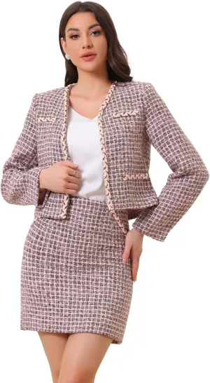 Allegra K Two Piece Outfits for Women's Business Tweed Collarless Blazer and Mini Skirt Set